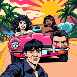 A vibrant pop art-themed poster depicting a white girl with curly black hair driving a bright pink Jaguar convertible