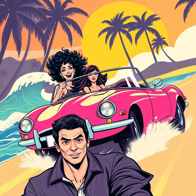 A vibrant pop art-themed poster depicting a white girl with curly black hair driving a bright pink Jaguar convertible