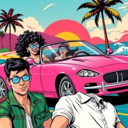 A vibrant pop art-themed poster depicting a white girl with curly black hair driving a bright pink Jaguar convertible