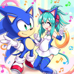 A whimsical and imaginative scene featuring Hatsune Miku, the iconic virtual pop star with her signature turquoise hair and futuristic outfit, interacting with a cartoonish representation of Sonic the Hedgehog