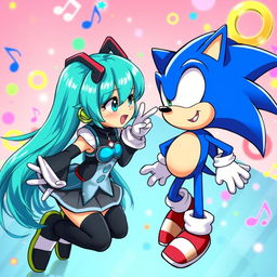 A whimsical and imaginative scene featuring Hatsune Miku, the iconic virtual pop star with her signature turquoise hair and futuristic outfit, interacting with a cartoonish representation of Sonic the Hedgehog