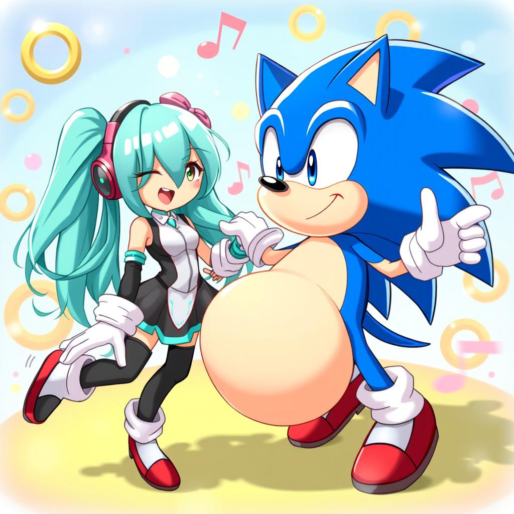 A whimsical and imaginative scene featuring Hatsune Miku, the iconic virtual pop star with her signature turquoise hair and futuristic outfit, interacting with a cartoonish representation of Sonic the Hedgehog