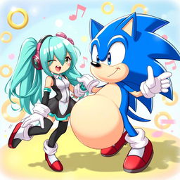 A whimsical and imaginative scene featuring Hatsune Miku, the iconic virtual pop star with her signature turquoise hair and futuristic outfit, interacting with a cartoonish representation of Sonic the Hedgehog