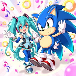 A whimsical and imaginative scene featuring Hatsune Miku, the iconic virtual pop star with her signature turquoise hair and futuristic outfit, interacting with a cartoonish representation of Sonic the Hedgehog