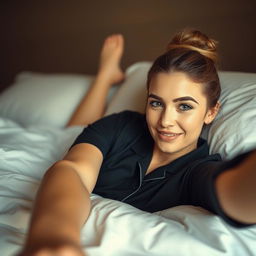 A beautiful woman lying on a bed, with her hair tied up, wearing a black sleep shirt