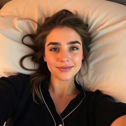 A beautiful woman lying on a bed, with her hair tied up, wearing a black sleep shirt