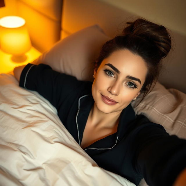 A beautiful woman lying on a bed, with her hair tied up, wearing a black sleep shirt