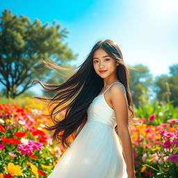 A beautiful girl with long black hair, radiating confidence and elegance