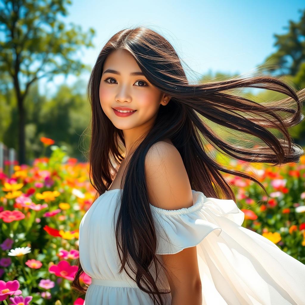 A beautiful girl with long black hair, radiating confidence and elegance