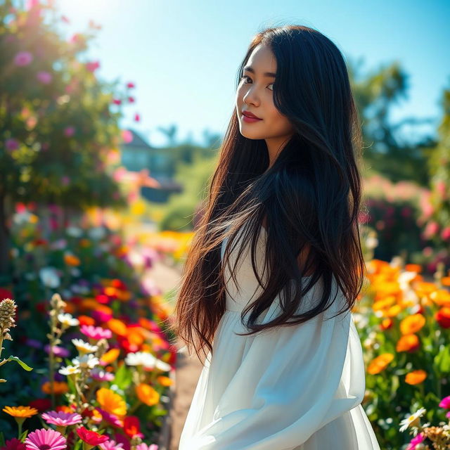 A beautiful girl with long black hair, radiating confidence and elegance