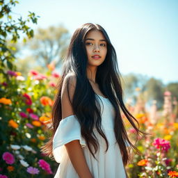 A beautiful girl with long black hair, radiating confidence and elegance