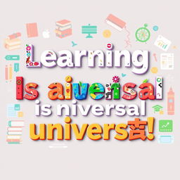 An artistic representation of the phrase 'Learning is universal' in three different languages: English, Spanish, and Mandarin