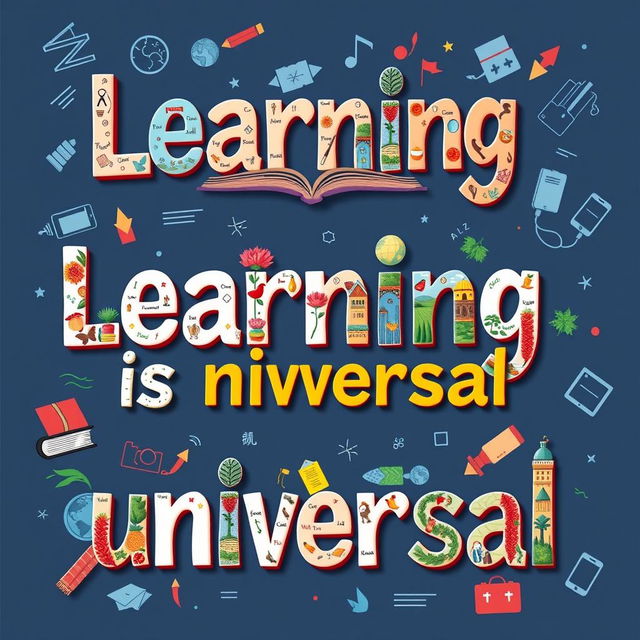 An artistic representation of the phrase 'Learning is universal' in three different languages: English, Spanish, and Mandarin