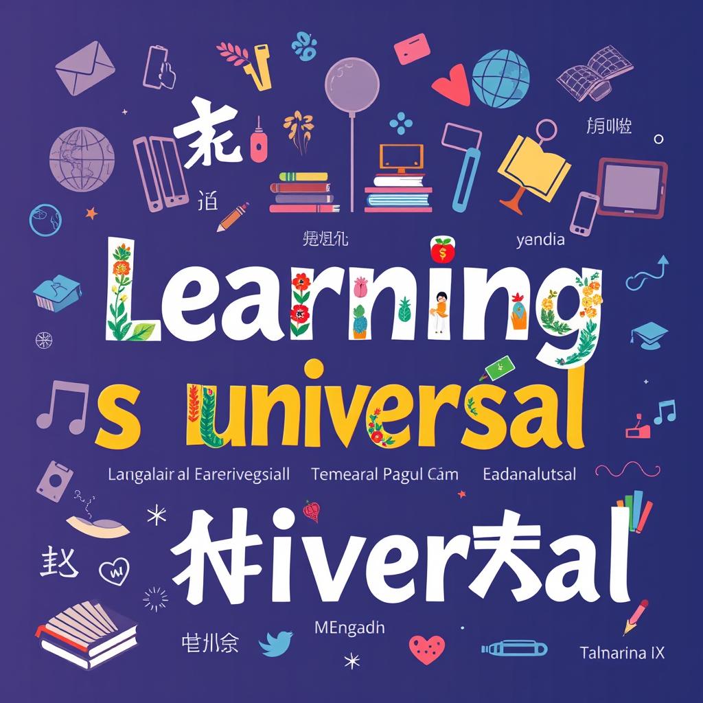 An artistic representation of the phrase 'Learning is universal' in three different languages: English, Spanish, and Mandarin