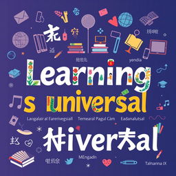 An artistic representation of the phrase 'Learning is universal' in three different languages: English, Spanish, and Mandarin