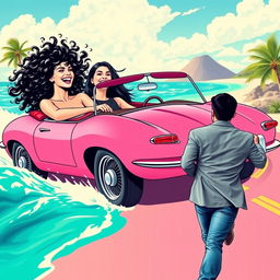 An energetic pop art-themed poster featuring a white girl with curly black hair driving a stylish pink Jaguar convertible