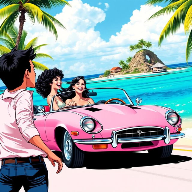 An energetic pop art-themed poster featuring a white girl with curly black hair driving a stylish pink Jaguar convertible