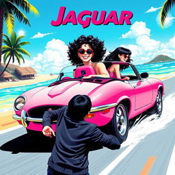 An energetic pop art-themed poster featuring a white girl with curly black hair driving a stylish pink Jaguar convertible