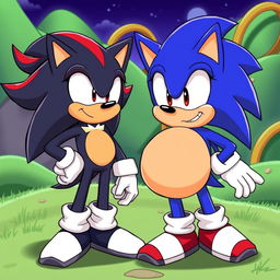 A humorous and fantastical scene featuring Sonic the Hedgehog depicted with a comical belly to imply a playful, imaginative scenario