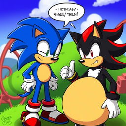 A humorous and fantastical scene featuring Sonic the Hedgehog depicted with a comical belly to imply a playful, imaginative scenario
