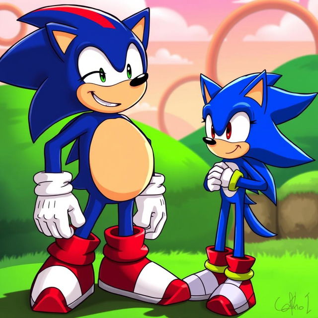A humorous and fantastical scene featuring Sonic the Hedgehog depicted with a comical belly to imply a playful, imaginative scenario