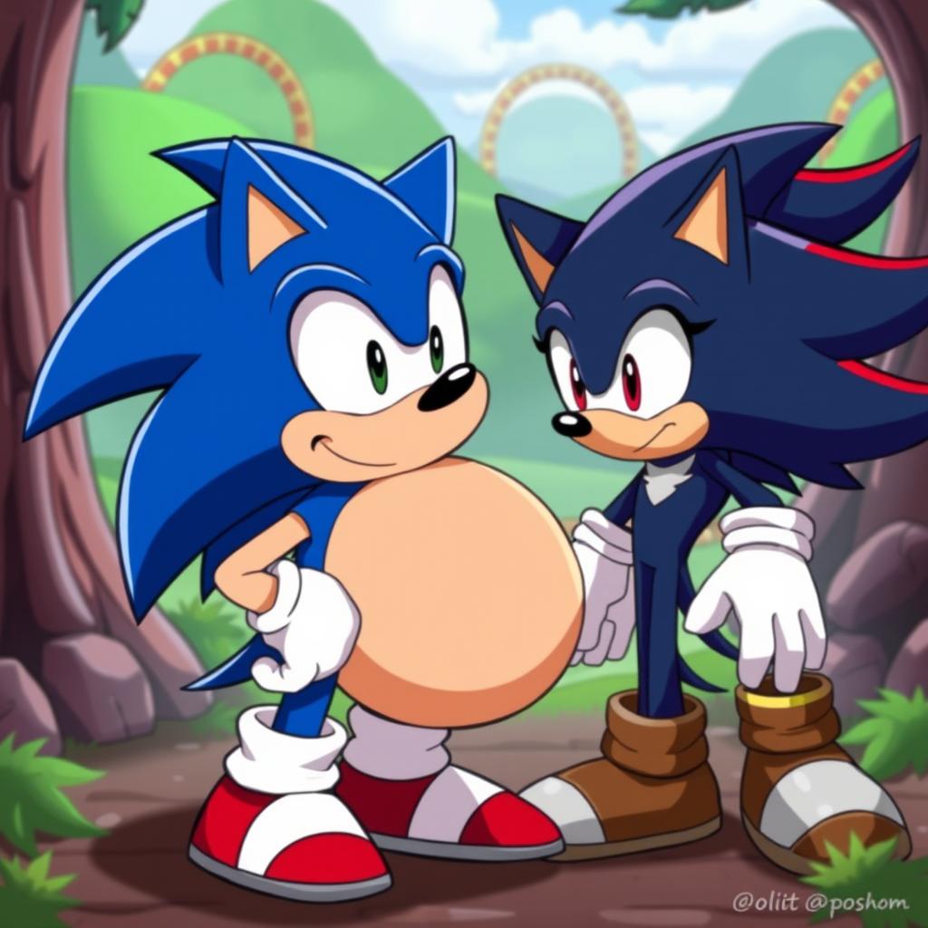 A humorous and fantastical scene featuring Sonic the Hedgehog depicted with a comical belly to imply a playful, imaginative scenario