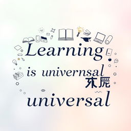 An artistic design featuring the phrase 'Learning is universal' expressed in three distinct languages: English, Spanish, and Mandarin