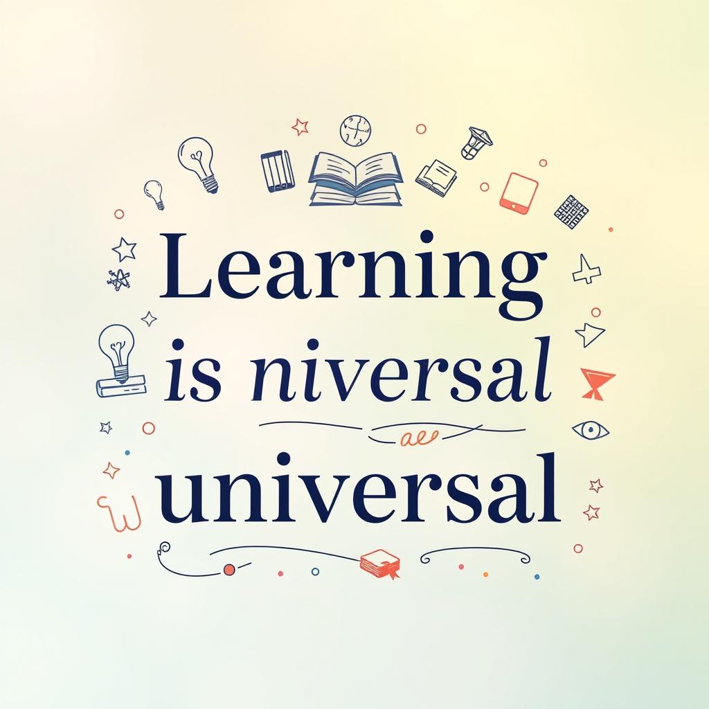 An artistic design featuring the phrase 'Learning is universal' expressed in three distinct languages: English, Spanish, and Mandarin