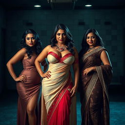 In a moody interrogation room, three stunning desi women take center stage, each exuding an air of seduction and dominance