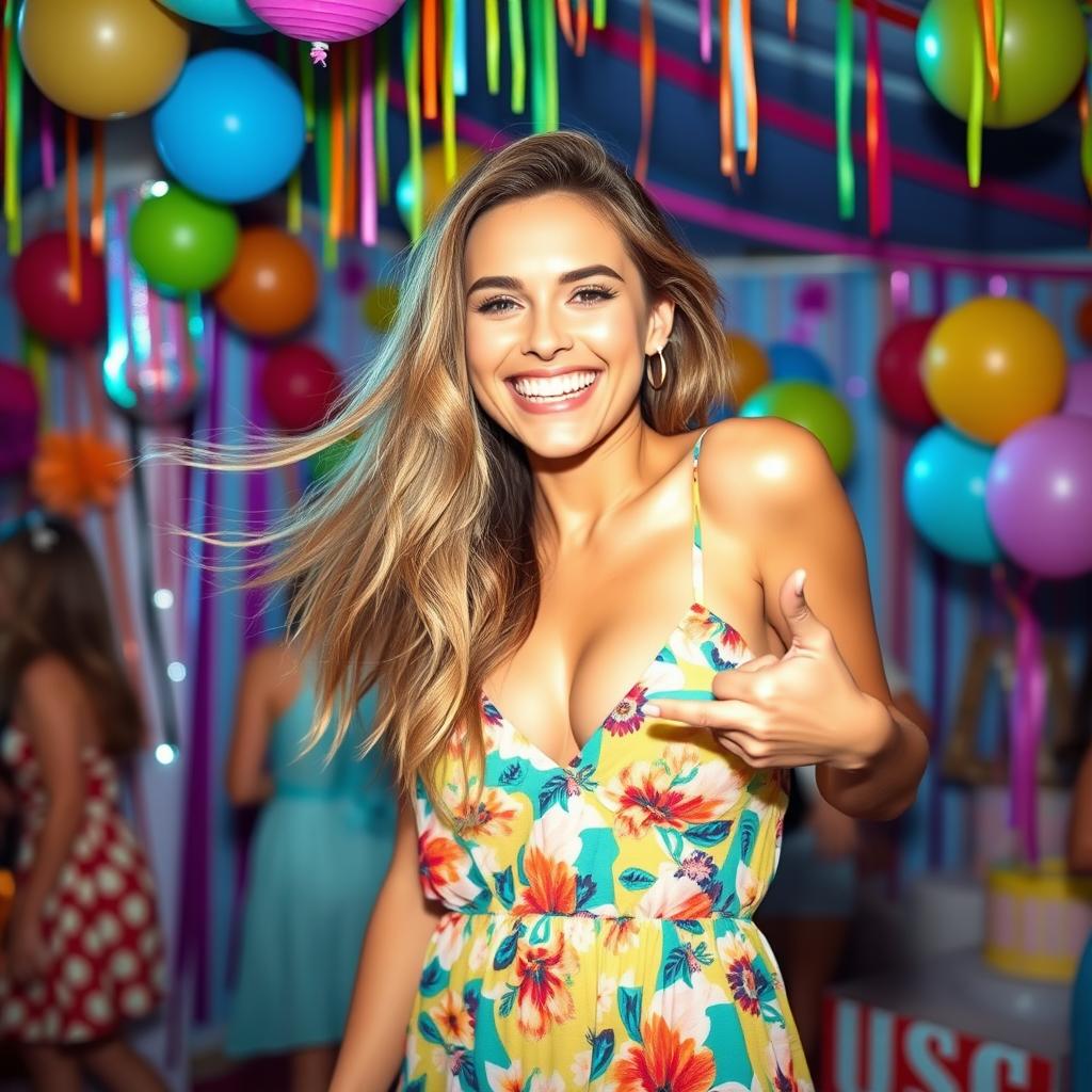 A beautiful woman playfully shaking her boobs while smiling, in a colorful party setting