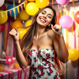 A beautiful woman playfully shaking her boobs while smiling, in a colorful party setting
