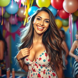 A beautiful woman playfully shaking her boobs while smiling, in a colorful party setting
