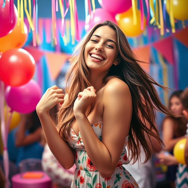 A beautiful woman playfully shaking her boobs while smiling, in a colorful party setting