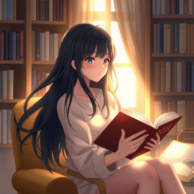 A beautiful girl reading, with long black hair flowing gracefully around her