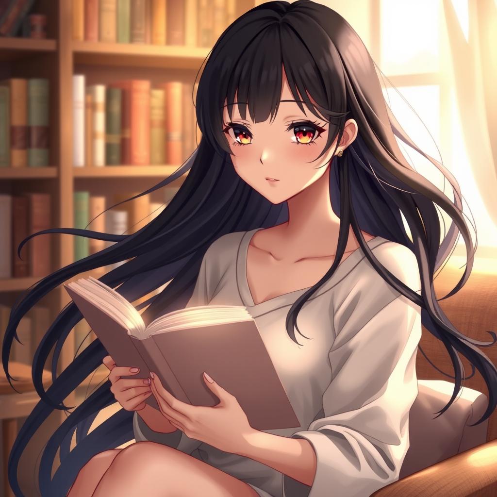 A beautiful girl reading, with long black hair flowing gracefully around her