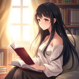 A beautiful girl reading, with long black hair flowing gracefully around her