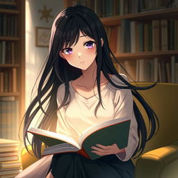 A beautiful girl reading, with long black hair flowing gracefully around her