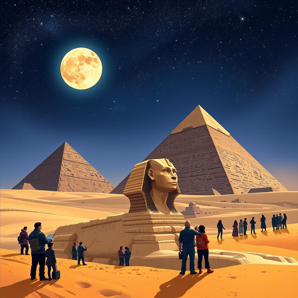 A captivating illustration of the Great Pyramids of Giza under a starry night sky, showcasing the pyramids' majestic structure, with the Sphinx in the foreground