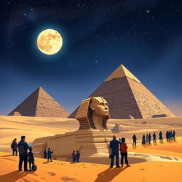 A captivating illustration of the Great Pyramids of Giza under a starry night sky, showcasing the pyramids' majestic structure, with the Sphinx in the foreground
