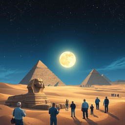 A captivating illustration of the Great Pyramids of Giza under a starry night sky, showcasing the pyramids' majestic structure, with the Sphinx in the foreground