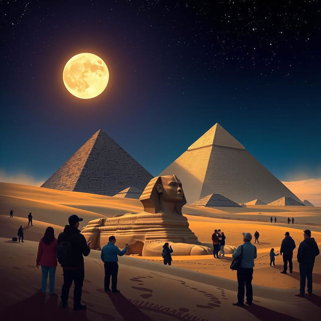 A captivating illustration of the Great Pyramids of Giza under a starry night sky, showcasing the pyramids' majestic structure, with the Sphinx in the foreground