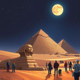 A captivating illustration of the Great Pyramids of Giza under a starry night sky, showcasing the pyramids' majestic structure, with the Sphinx in the foreground