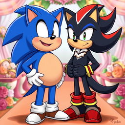A humorous and imaginative scene depicting Sonic the Hedgehog, playfully illustrated with a comical belly to imply a whimsical scenario of being 'pregnant'