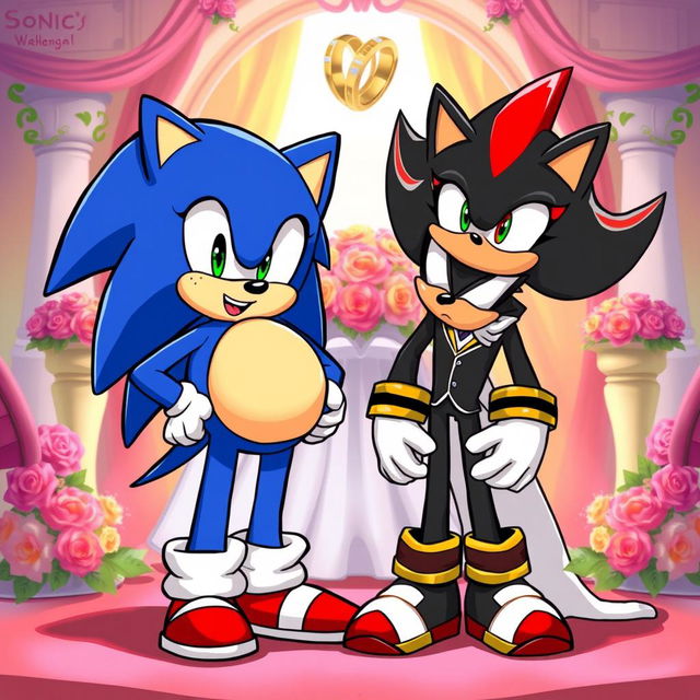 A humorous and imaginative scene depicting Sonic the Hedgehog, playfully illustrated with a comical belly to imply a whimsical scenario of being 'pregnant'