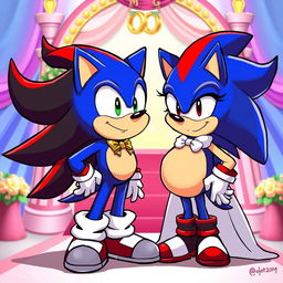 A humorous and imaginative scene depicting Sonic the Hedgehog, playfully illustrated with a comical belly to imply a whimsical scenario of being 'pregnant'