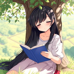 A girl sitting under a tree, reading a book, with long black hair flowing down her back
