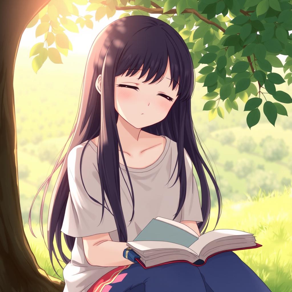 A girl sitting under a tree, reading a book, with long black hair flowing down her back