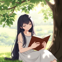 A girl sitting under a tree, reading a book, with long black hair flowing down her back