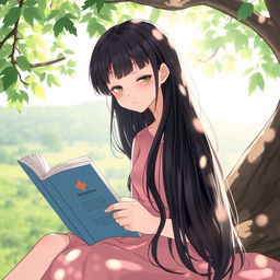A girl sitting under a tree, reading a book, with long black hair flowing down her back