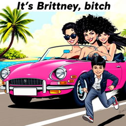 A vibrant pop art-themed poster showcasing a white girl with curly black hair confidently driving a bright pink Jaguar convertible